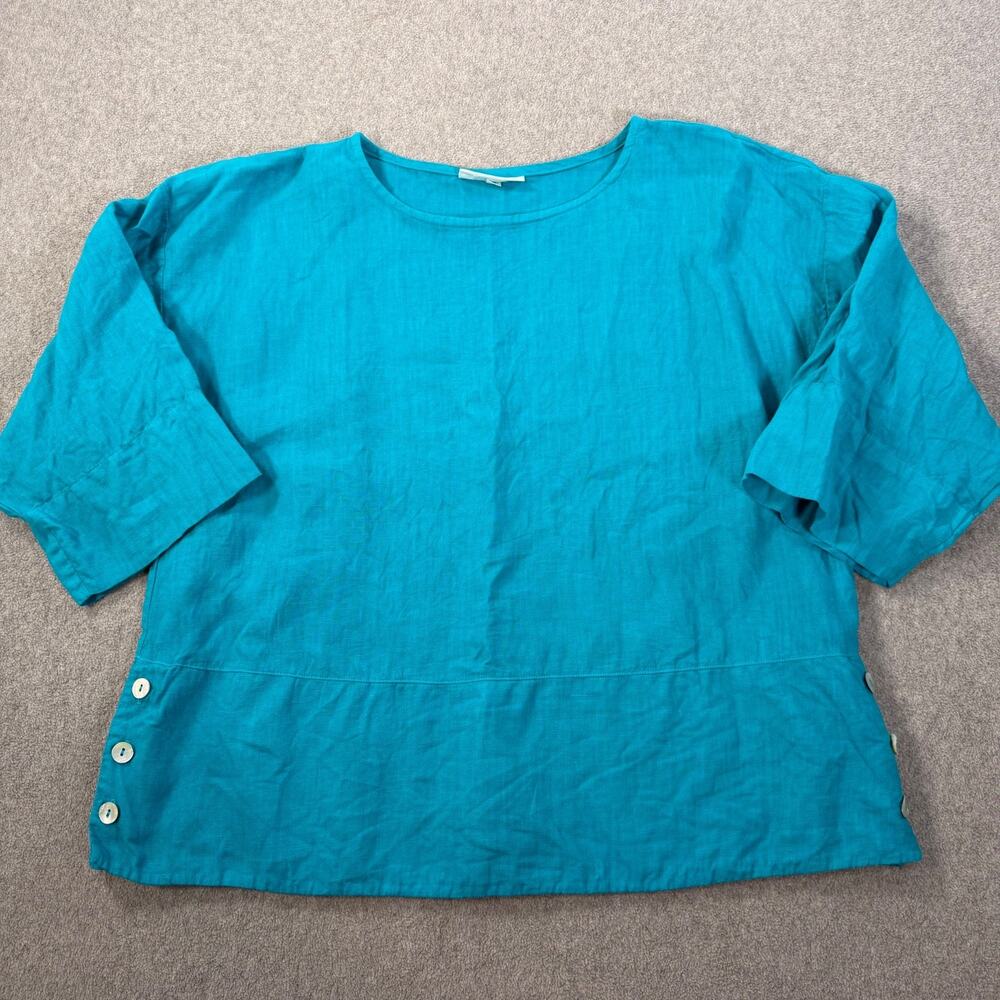 Bryn Walker Linen Side Button Top Women's Small Blue Laganlook 3/4 Sleeve Boxy
